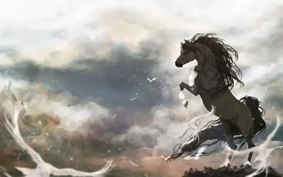 лошадь, птица, арта, небо, pic, облако, рисованный, animal, дух