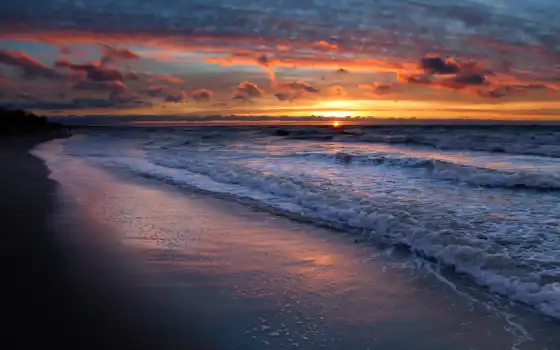 море, закат, солнце, бурные волны, вода, песок, солнце, солнце, нокяб,