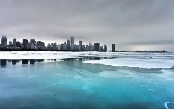 город, лед, зима, облако, мороз, Чикаго, городской пейзаж, вода, голод, море