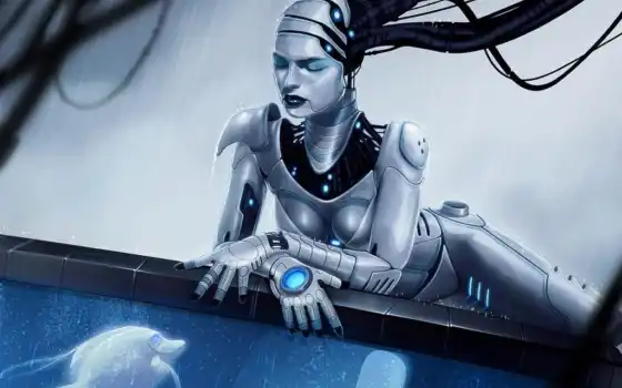 девушка, robot, android, art, fish, аквариум, preview, cyborg, 