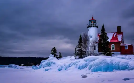 маяк, зима, озеро, сша