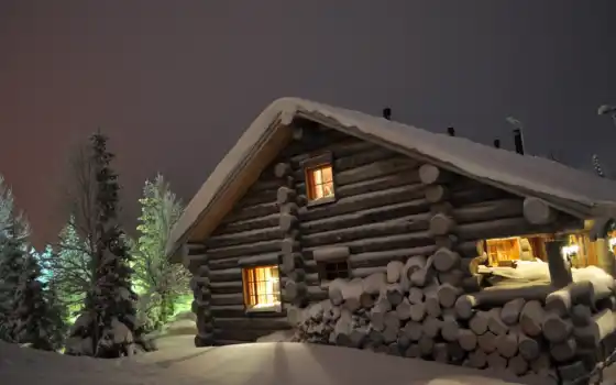 кабина, зима, бревно, дом, снег, ночь, дерево, свет, редкость, галерея, природа