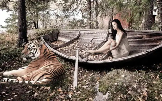 тигр, девушка, корабль, дерево, лодка