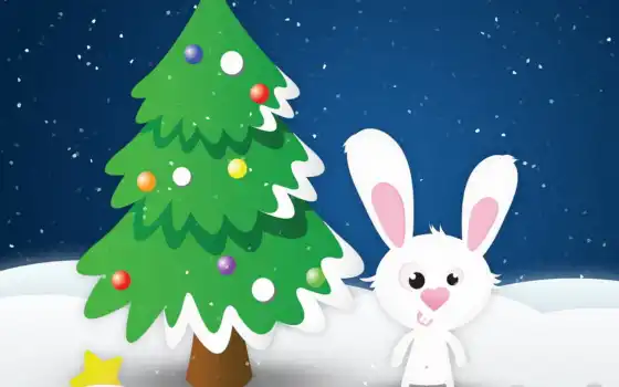 заяц, год, кролик, новый, елка, снег, звезда, 