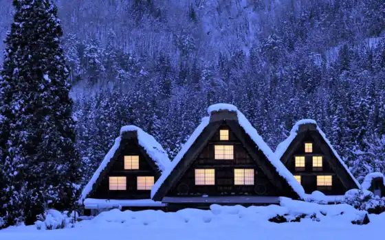 снег, house, деревня, япония, winter