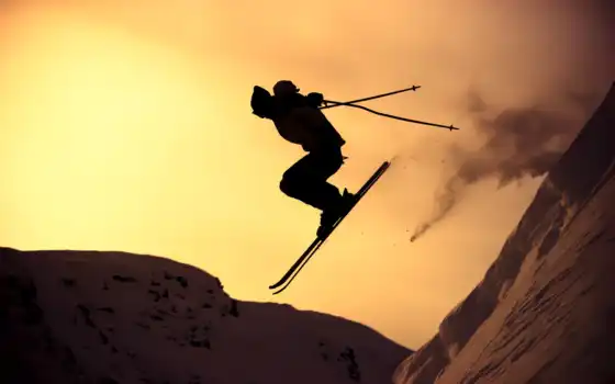 лыжи, спорт, горные, горы, солнце, парень, зима, склон, снег, 