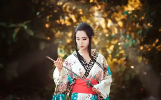 asian, девушка, меч, japanese, кимоно, катана, размытом, fone, 