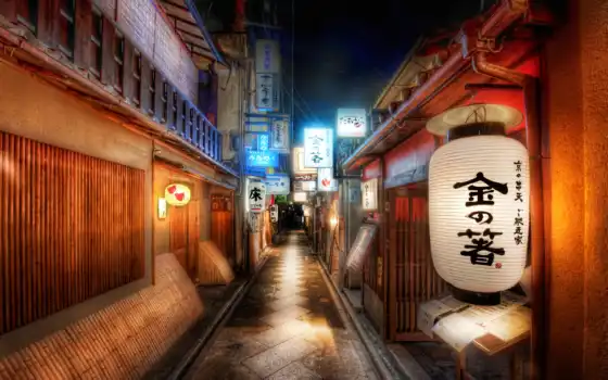 япония, знаки, иероглифы, картинка, улица, lantern, дороги, band, ночь, город, 