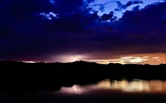закат, небо, озеро