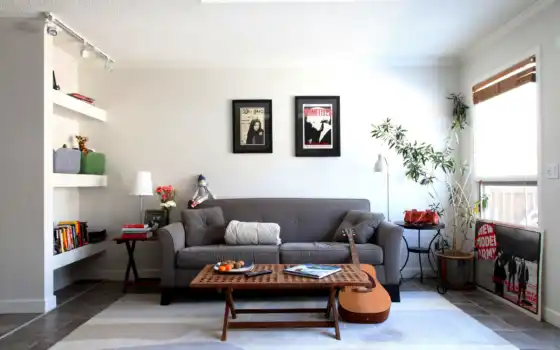 комната, интерьер, диван, стиль, дизайн, мебель, гитара, кухня, 