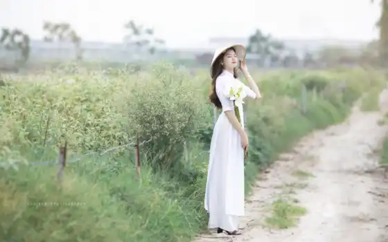 vietnamese, платье, шляпа, женщина