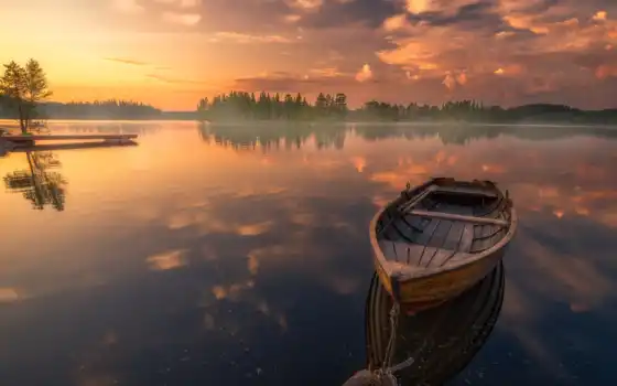 озеро, лодка, кольцевой велосипед, норвегия, отражение