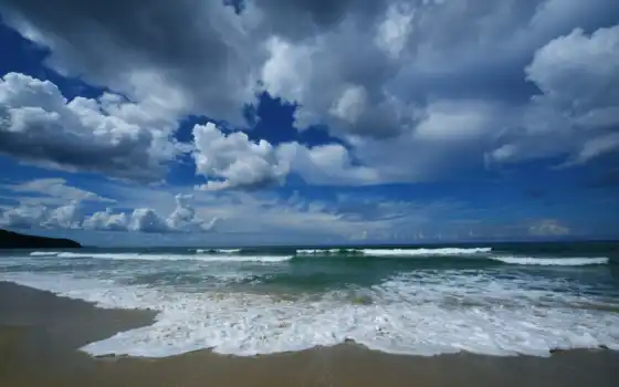 море, небо, облака, песок, морские, волновые, горные твердыни, вода,