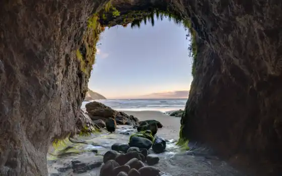 пещера, камень, природа, побережье, пляж, рассвет