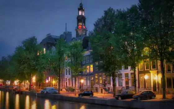 огни, amsterdam, город, башня, дерево