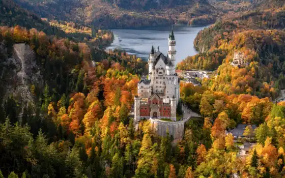 замок, германия, бавария, осень, нойвантайн, озеро