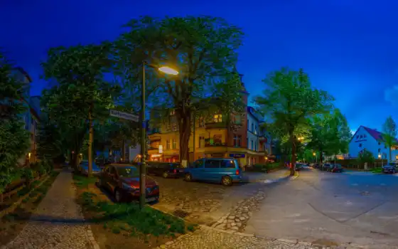 улица, германия, ночь, berlin, дорога, дерево, house, огни