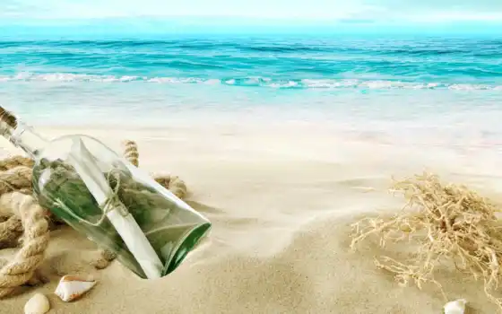 пляж, песок, море, сообщение, буква, бутылка, природа