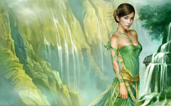 fantasy, девушка, зеленом, платье, tang, yuehui, стоит, fone, водопада, 