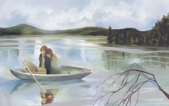 девушка, рисунок, лодка, bokura, парень, ита, anime, branch, озеро, nanami, 