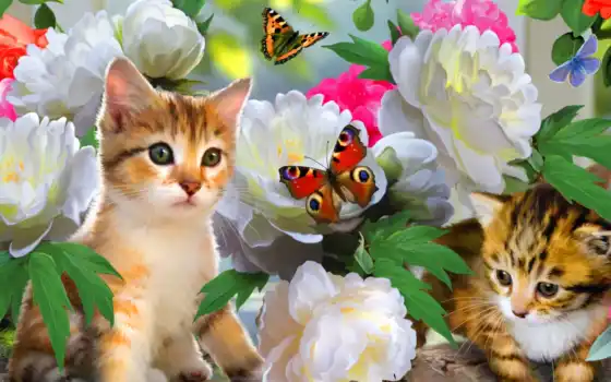 кот, бабочка, цветы, животное, котенок