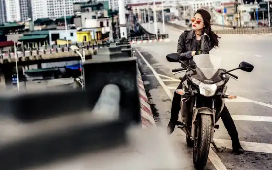 девушка, мотоцикл, улица