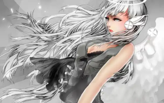 white, волосы, anime, девушка, black, серый, silver, grey, risunkianim