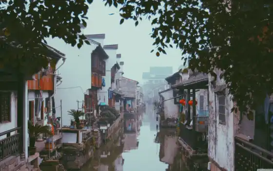 china, hd, scenery, река, домики, туман, 