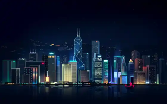 город, ночь, hong, kong, небоскрёба, building, skyline, illustration, royalty, вектор