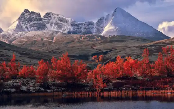 пейзаж, горный, осень, зимой, озеро, вид