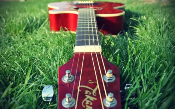 гитара, красная, траве, музыка, 