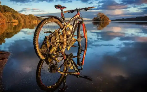 велосипед, велосипед, гора, природа, вода, отражение, река, mrwallpaper