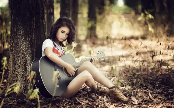 девушка, гитара, гитарой, girls, природа, лес, деревья, туман, 