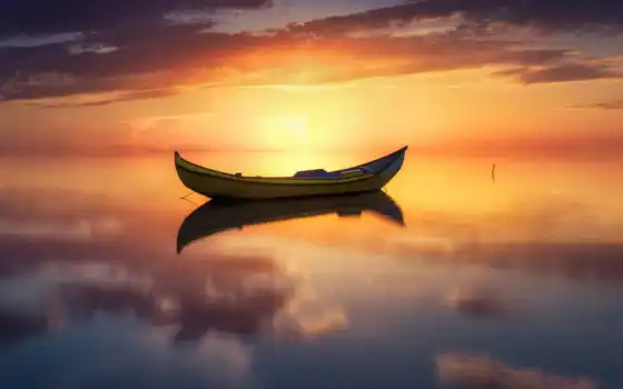 закат, лодка, озеро, отражение