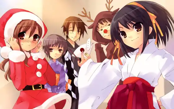 haruhi, suzumiya, christmas, tags, asahina, nagato, itsuki, muri, melancholy, mikuru, kyon, аниме,