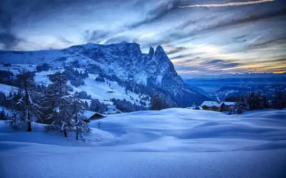 invierno, nieve, rboles, casas, montañas, ласковые ручки, azul, pantalla, paisaje,