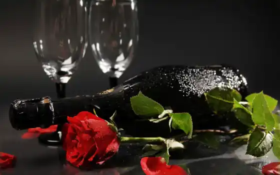 розы, вино, цветы, шампанское, бокалы, бутылка, 