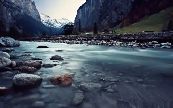 горы, швейцария, река, природа, 