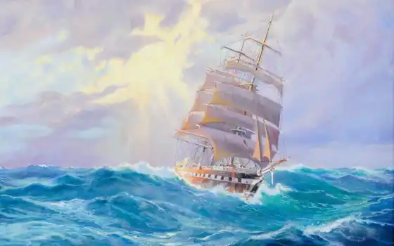 искусство, морское море, военные, морские волны, парусная лодка,