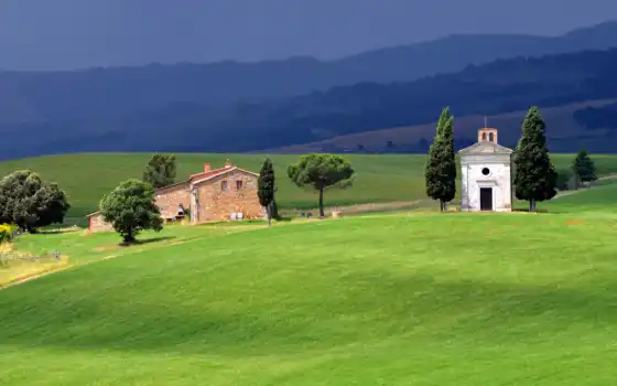 холм, итальянское, тоскани, итальянское, дом, поле, бивня, трава