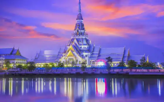 vue, nuit, bangkok, thaïlande, temple, sothon, 