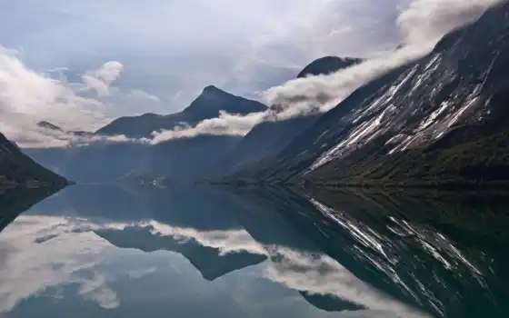 норвежское, горное, норвежское, пустынное, облакское, река, фоны,