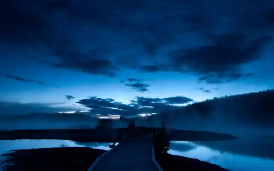 мост, пейзаж, синее, небо, ночь, вода, ретро,