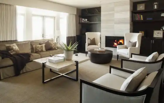 интерьер, дизайн, комната, стиль, диван, квартира, кресло, камин, огонь, дома, картинку, 