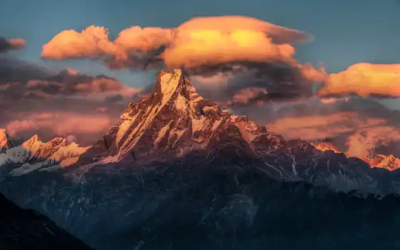 горы, непал, облака, гимвалей, вершина, закат, небо, вершина, град, гряда,