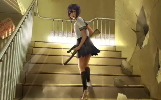 аниме, оружие, девушка, школьница, обои, лестнице,