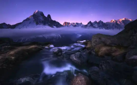 гора, река, озеро, камень, природа, фон, облако, красивый, туман, сумерки