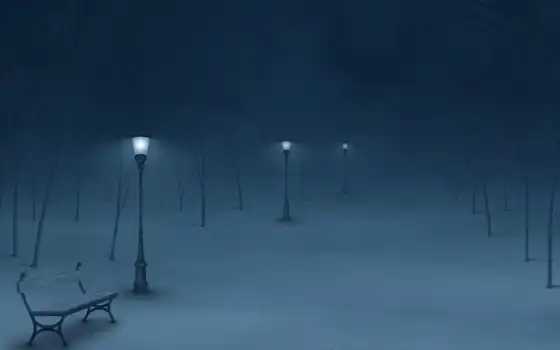 зима, ночь, фонари, зимнем, парке, 