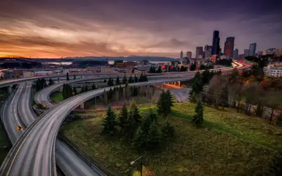 дорога, Сиэтл, длинный, открытый, закат, шоссе, Вашингтон