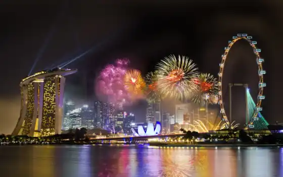 singapore, город, fireworks, колесо
